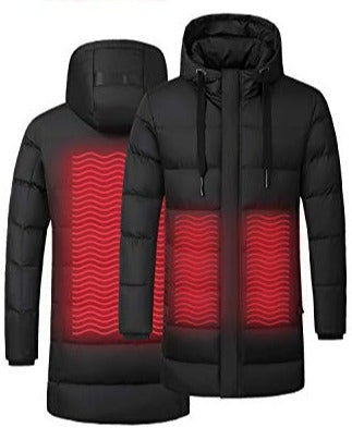Heated Puff Long Coat with Rechargeable Battery Pack for Boys and Girls - Heating Outdoor Electric Jacket with Hood